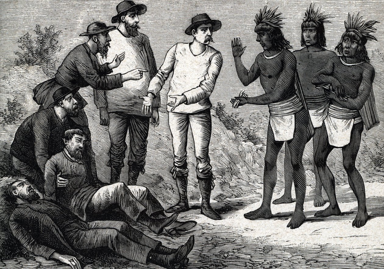 植民地時代にマラリアに苦しむヨーロッパ人をシンチョーナで助けたペルーの住民（版画）1888年 作： フランス語学校