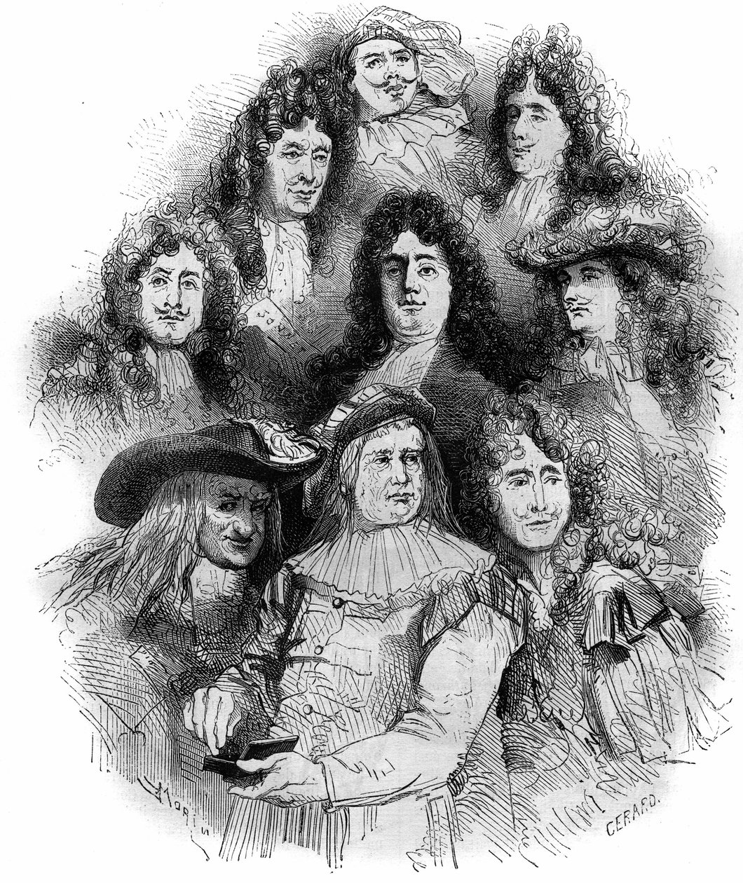 Die Interpreten von Molière an der Comédie-Française in den Jahren 1862-1863. Von unten nach oben: Provost (Arnolphe), Joseph Samson (1893-1871) (Sganarelle), Geffroy (Clitandre), Bressant (Don Juan), Edmond Got (1822-1901) (Trissotin), Louis Delaunay (182 von French School