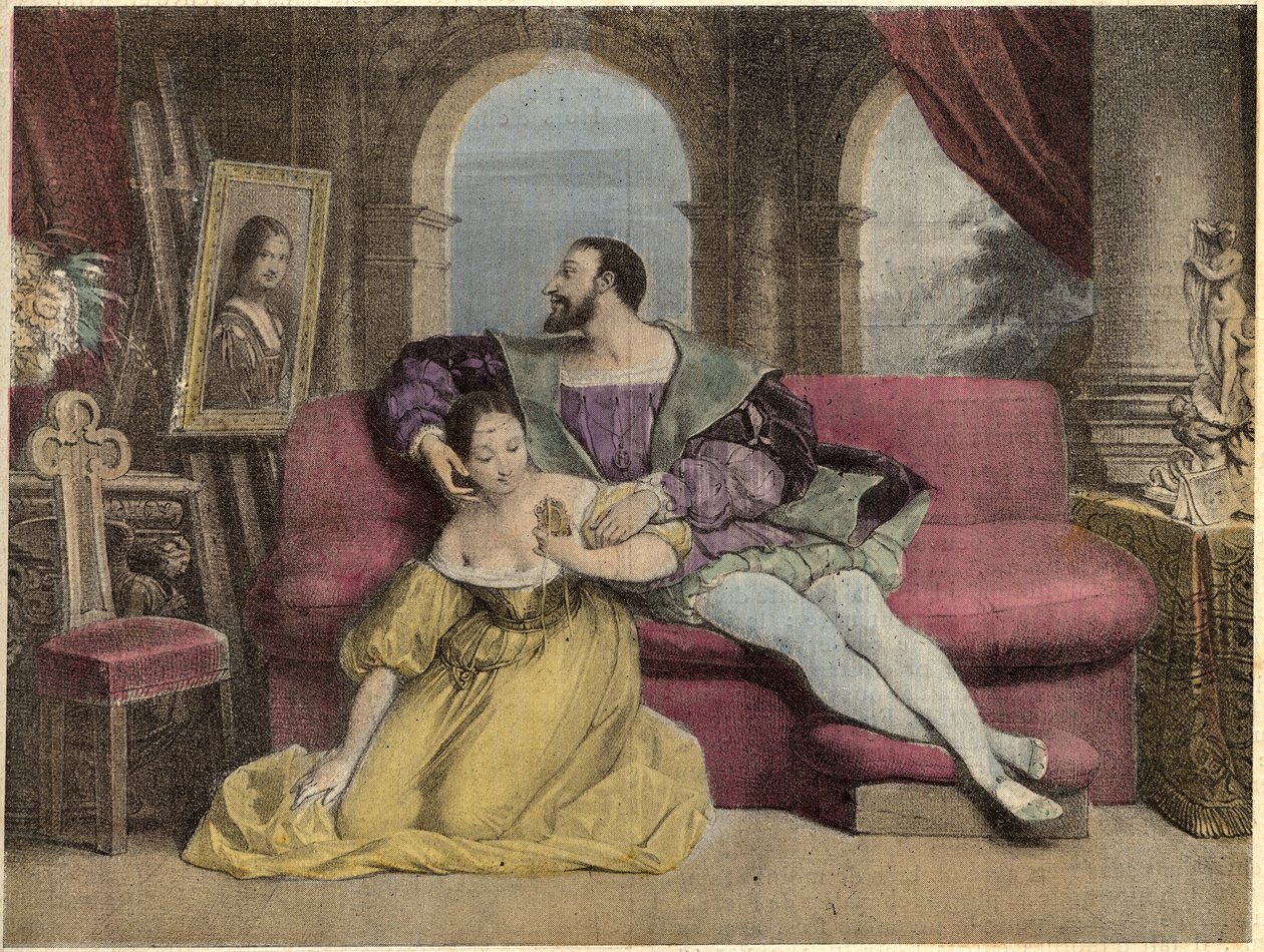 フランス王フランソワ1世(1494-1547)と美しい鉄細工。Laughs Et Galanterie "に掲載されている1838年のダヴェリアのリトグラフ。ジョン・グラン＝カルテットの指揮による週刊ガランテイメージズコレクション。1903-1904. 作： フランス語学校