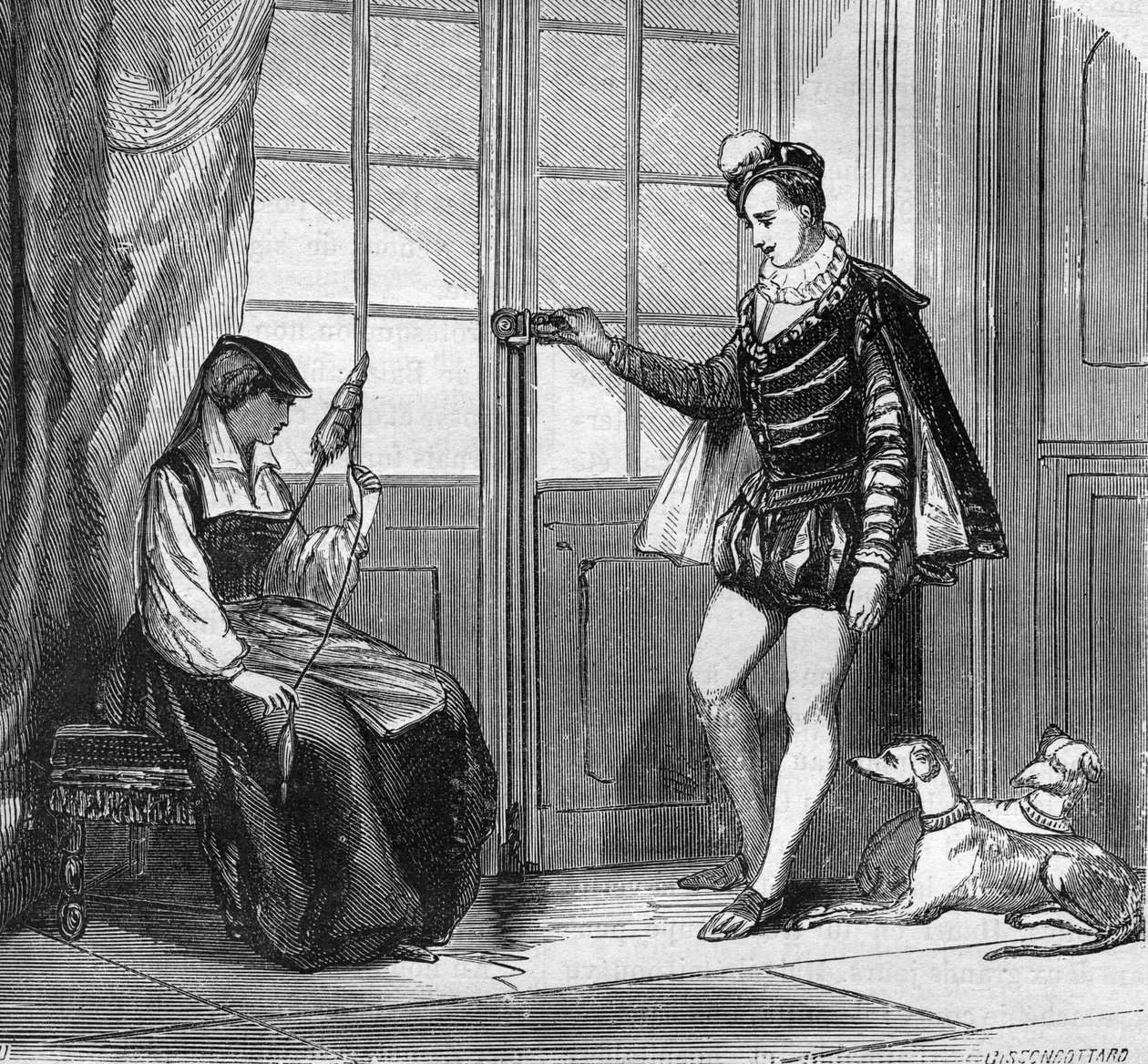 Die Liebe von König Heinrich II. (1519-1559) und einer jungen Italienerin Filippa Duco. Gravur in „Die Geschichte der Prostitution und Ausschweifung unter allen Völkern der Welt von der Antike bis zur Gegenwart“ von Dr. Th. -F. Debray. 1879. von French School