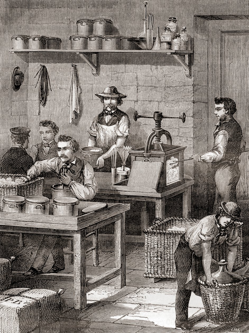 19世紀の銃用綿の製造風景（1870年頃発行の「科学の傑作」より）（彫刻 作： フランス語学校