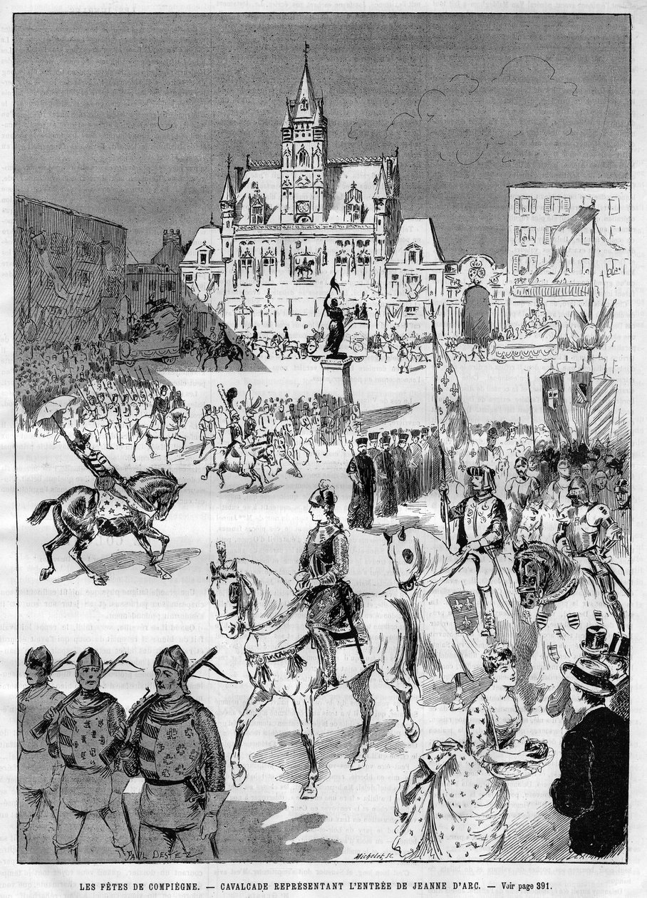 1886年のコンピエーニュの中世の祭礼：ジョアン・オブ・アルク（1412-1431）の入場を表す騎馬隊。"Le Monde Illustré "に掲載された版画 作： フランス語学校