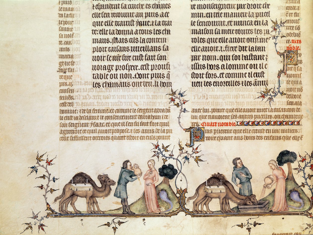 井戸でのエリエゼルとレベッカの出会い、ジャンドシの聖書、1355年頃 作： フランス語学校