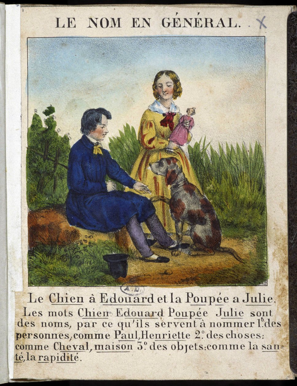 一般的な名前（犬を持った男の子と人形を持った女の子） - "La grammaire en images "にて 作： フランス語学校