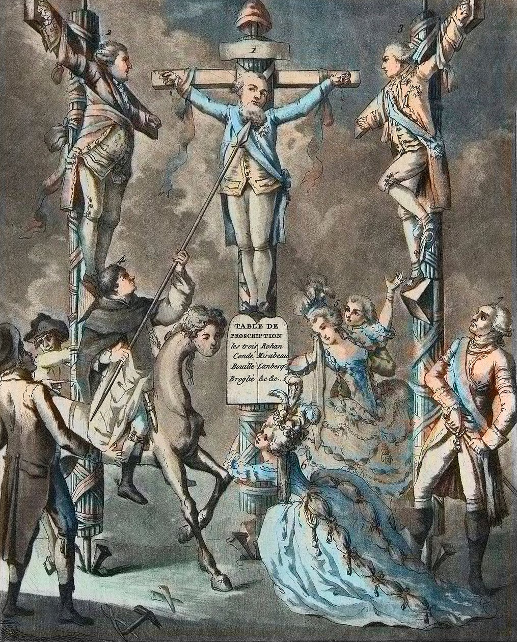 Das neue Kalvarienberg, Ludwig XVI. ans Kreuz genagelt von Aufständen - 2. und 3. Monsieur (Louis Stanislas Xavier, Graf von Provence (1755-1824), Louis XVIII) und der Graf von Artois (Charles Philippe (1757-1836) Charles X), Brüder des Königs, gelehnt an  von French School