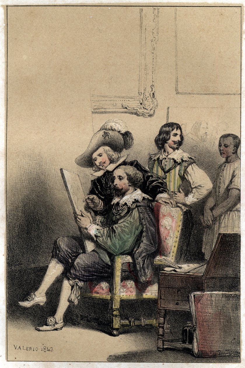 画家ディエゴ・ベラスケス（1599-1660）がアトリエに迎えたピエール・ポール（Pierre-Paul）・ルーベンス（またはPeter PaulまたはPetrus Paulus）（1577-1640）。ヴァレリオによる2色刷りのエングレーヴィング「Scenes de la vie des hommes famous」からの抜粋版。1843. 作： フランス語学校