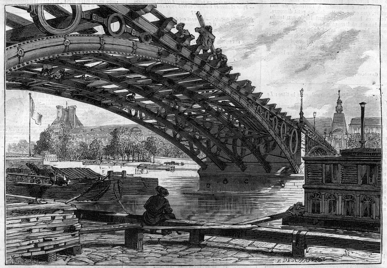 1883年のサン・ペール橋（カルーゼル橋）の甲板の完成（サン・ペール橋） - "Le journal illustrious "のエングレーヴィング 作： フランス語学校