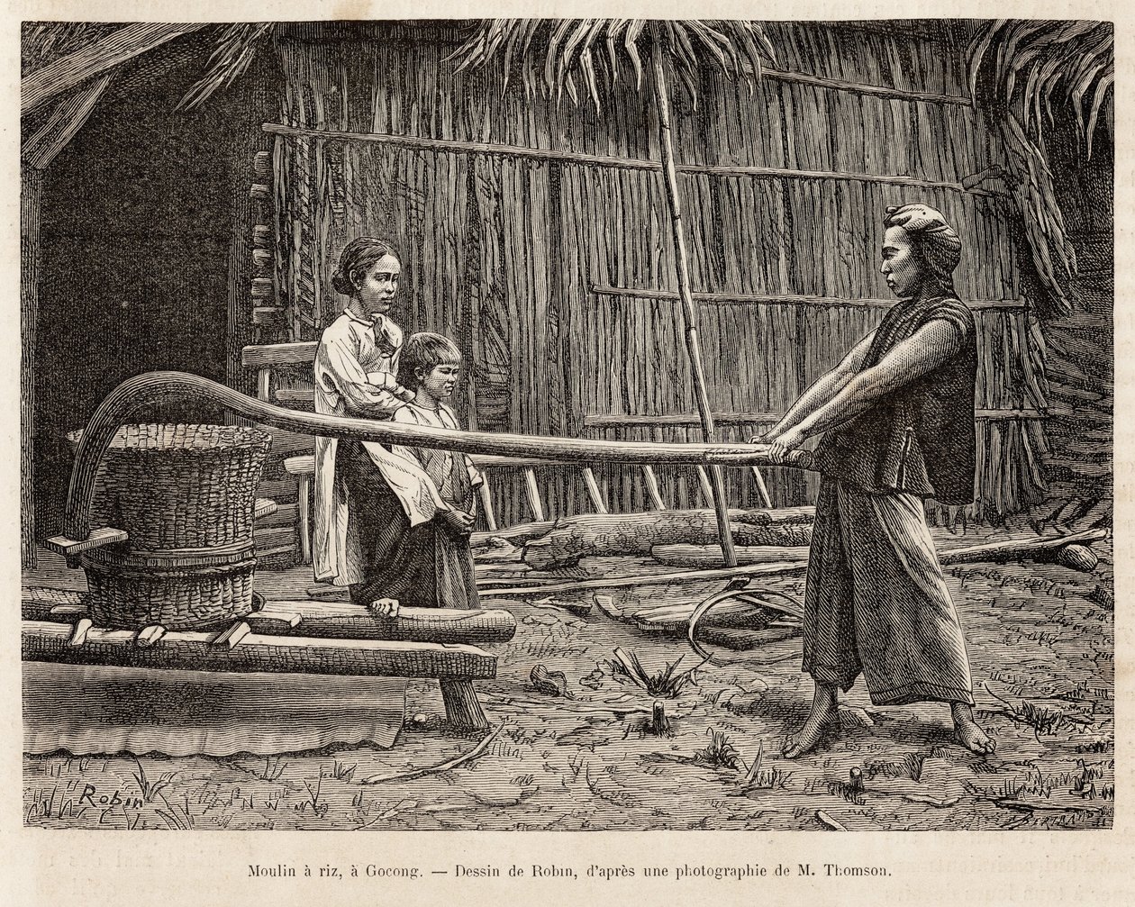 ゴコンの農民の家の前にある精米所。1872年にモリス医師が行ったコチンチンへの航海を描いたロビンの絵の後に彫られたもので、1875年にエドゥアール・シャルトンが編集した「Le tour du monde」に掲載されている。セルバ 作： フランス語学校