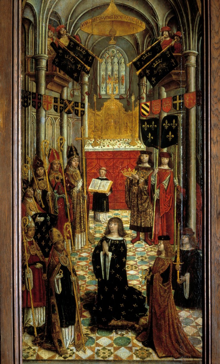 1498年5月27日にランスの大聖堂で行われたルイ12世（1462-1515）の聖体拝領 16世紀のフランス派の木版画。1501.薄暗い。1,95x0,5 m パリ、国立中世美術館、テルム・ド・クリュニー 作： フランス語学校