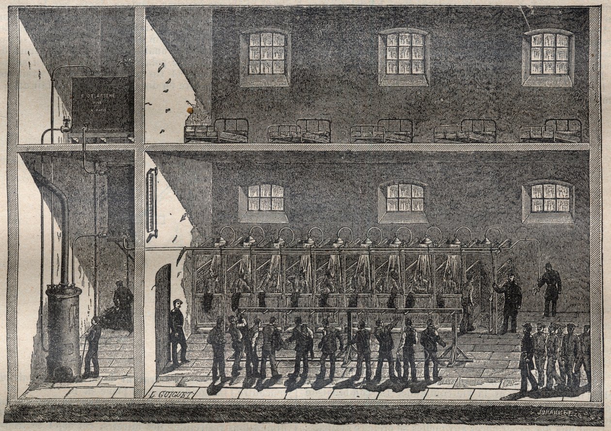 刑務所のシャワー：フォントヴロー（フォントヴロー）の打ち水による風呂 - Engraving In "La Science francaise" 作： フランス語学校