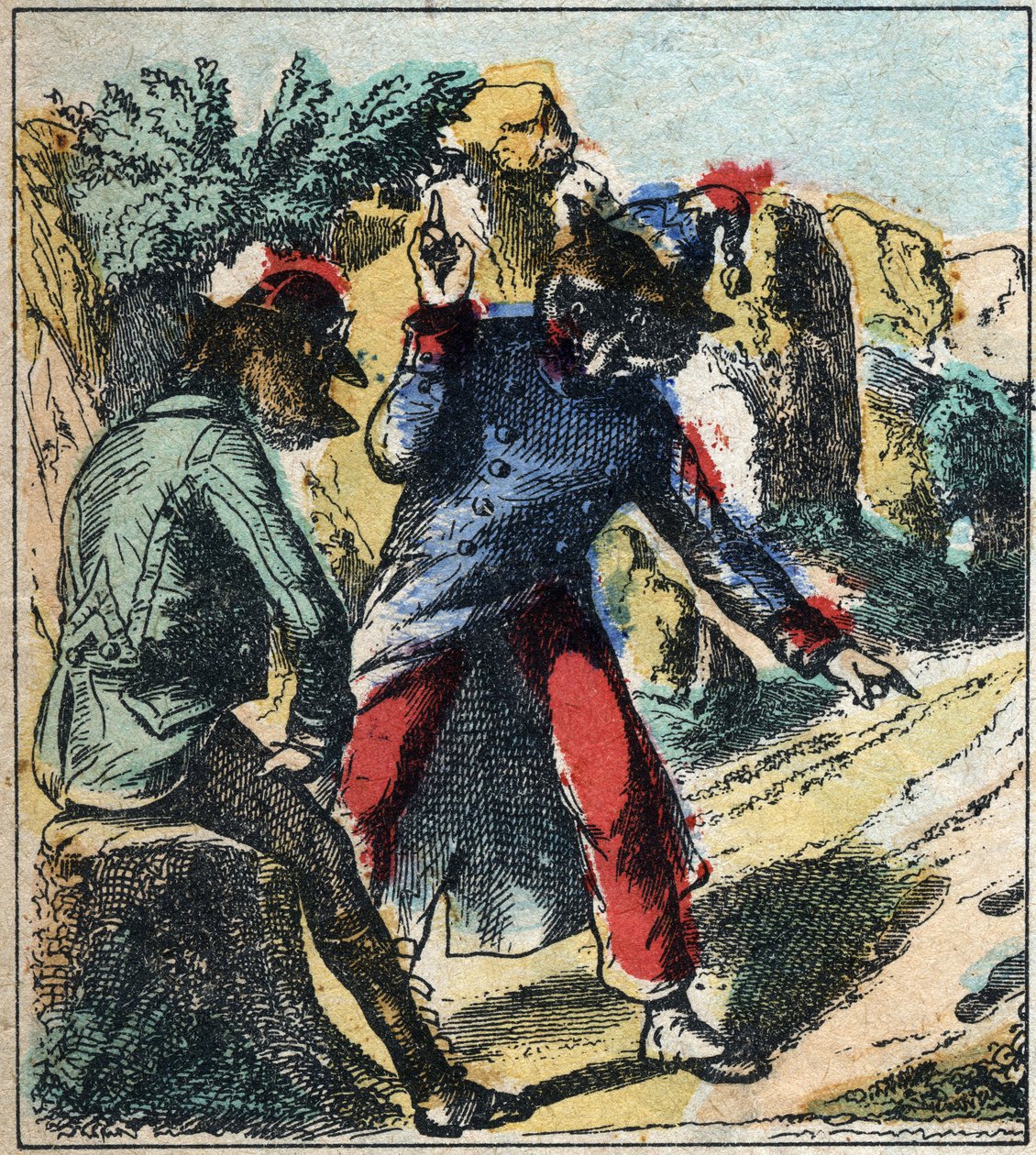 病気のライオンとキツネ。ジャン・ド・ラ・フォンテーヌ（1621-95）の寓話。19世紀末のエピナル画像。 作： フランス語学校