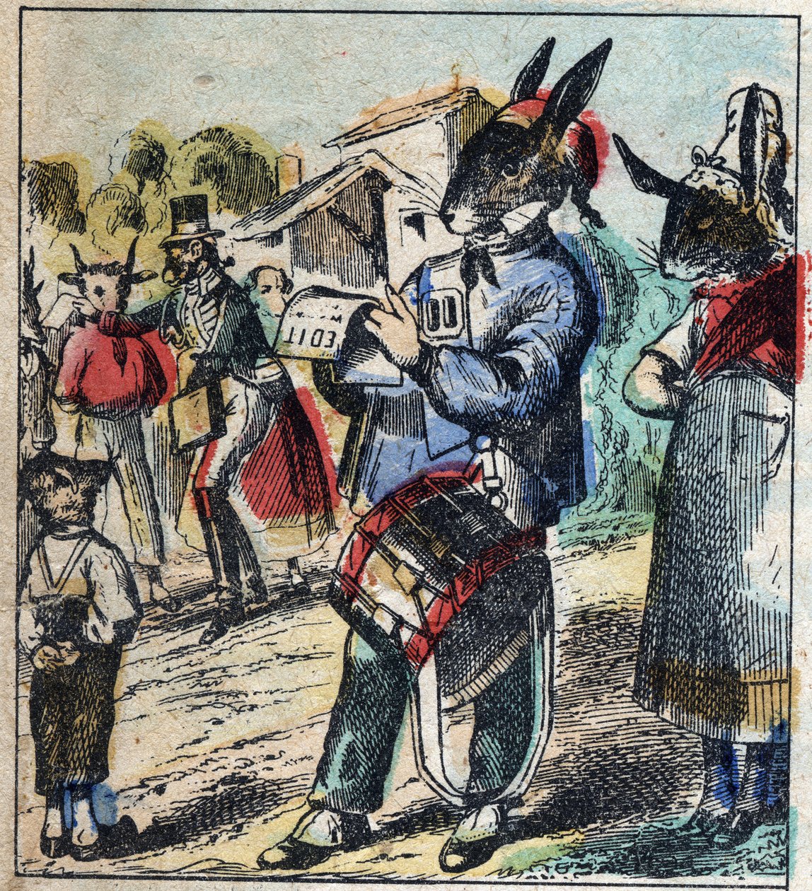 病気のライオンとキツネ。ジャン・ド・ラ・フォンテーヌ（1621-95）の寓話。19世紀末のエピナル画像。 作： フランス語学校