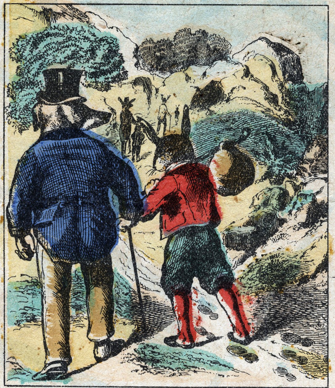 病気のライオンとキツネ。ジャン・ド・ラ・フォンテーヌ（1621-95）の寓話。19世紀末のエピナル画像。 作： フランス語学校