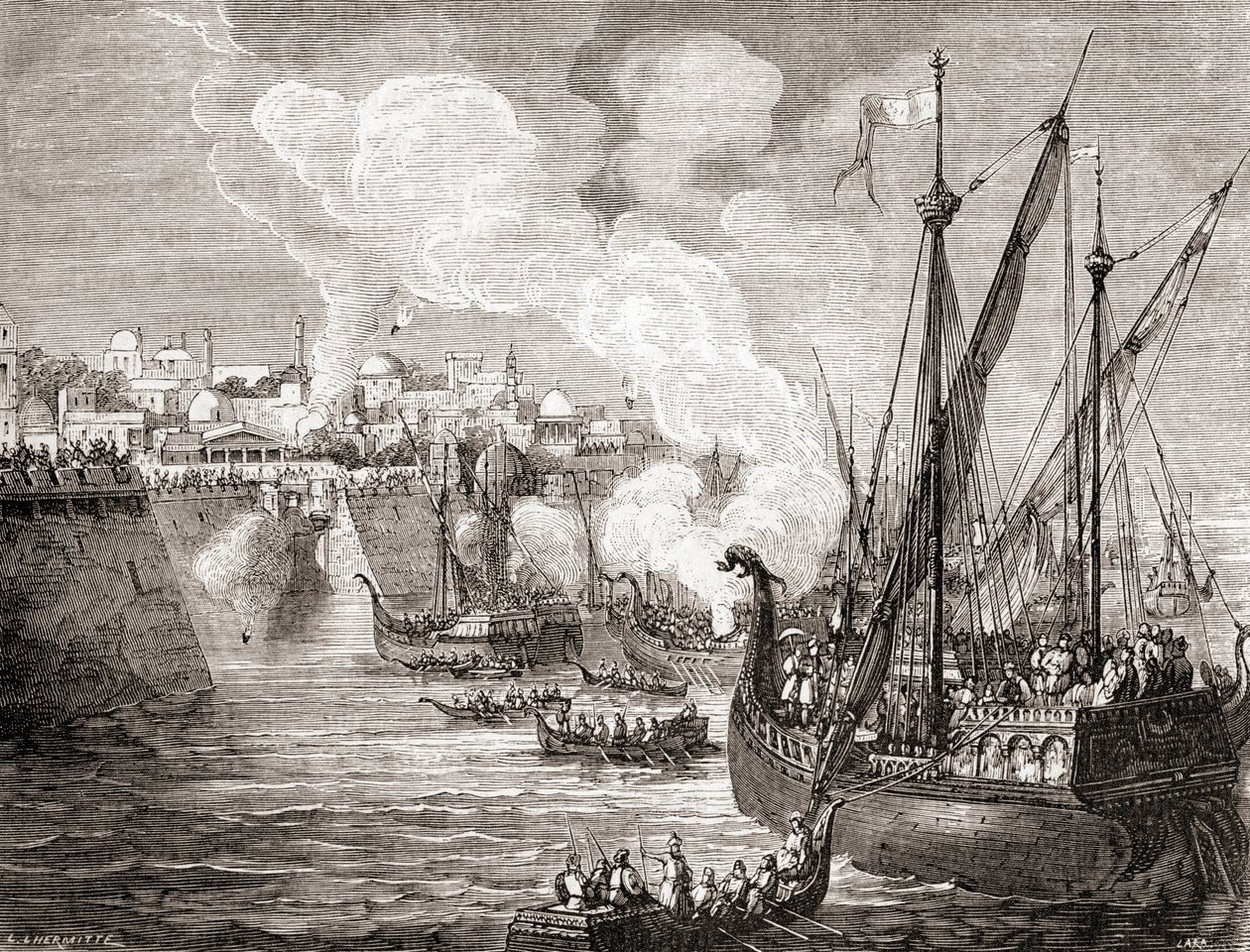オスマン・トルコのスルタン・メフメト2世による1453年のコンスタンティノープル包囲（1870年頃に出版された "Les Merveilles de la Science "より）。 作： フランス語学校