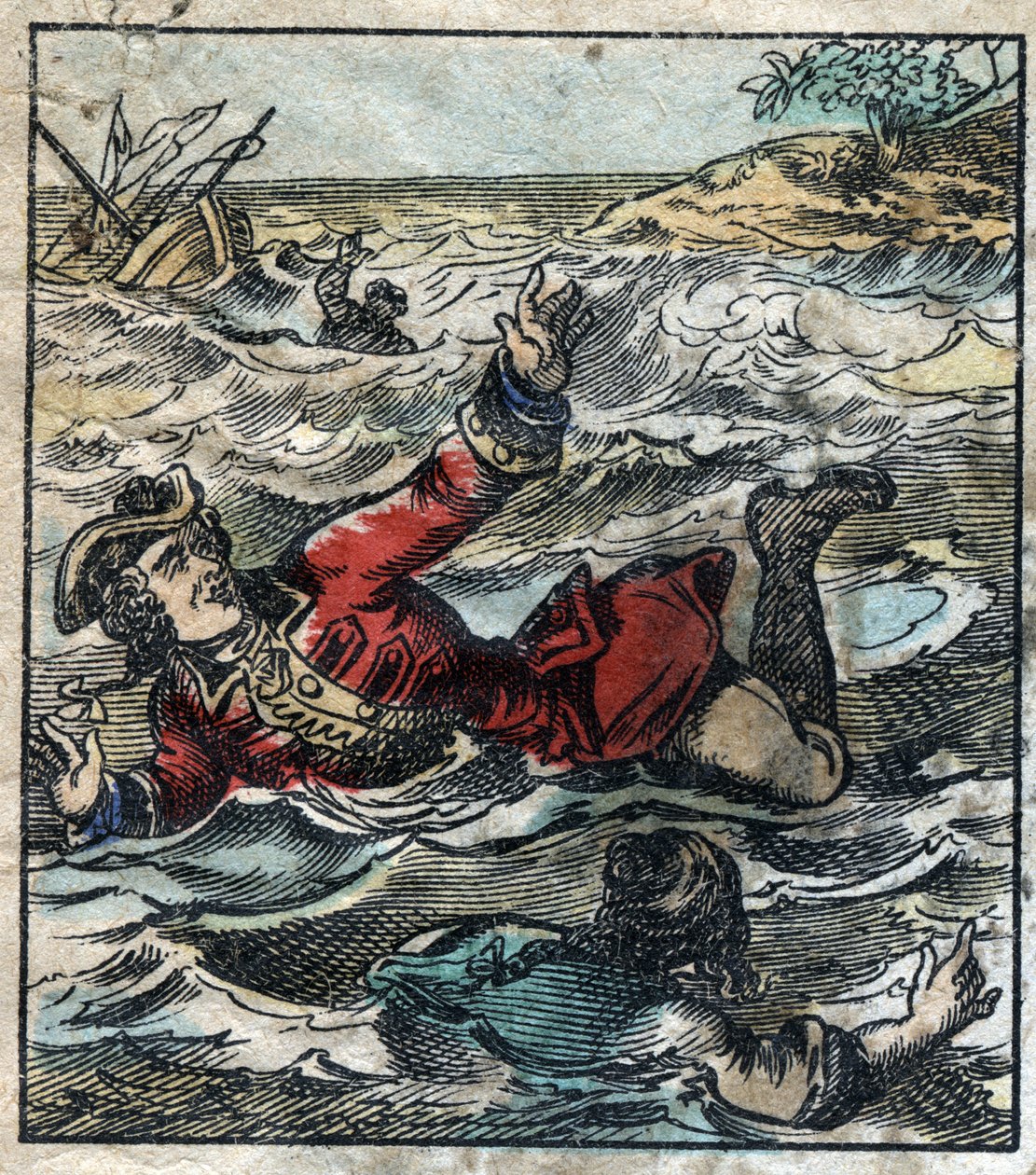 Lemuel Gulliverの沈没。ジョナサン・スウィフト(1667-1745)の『ガリバー旅行記』の挿絵。19世紀後半のエピナル画像。 作： フランス語学校