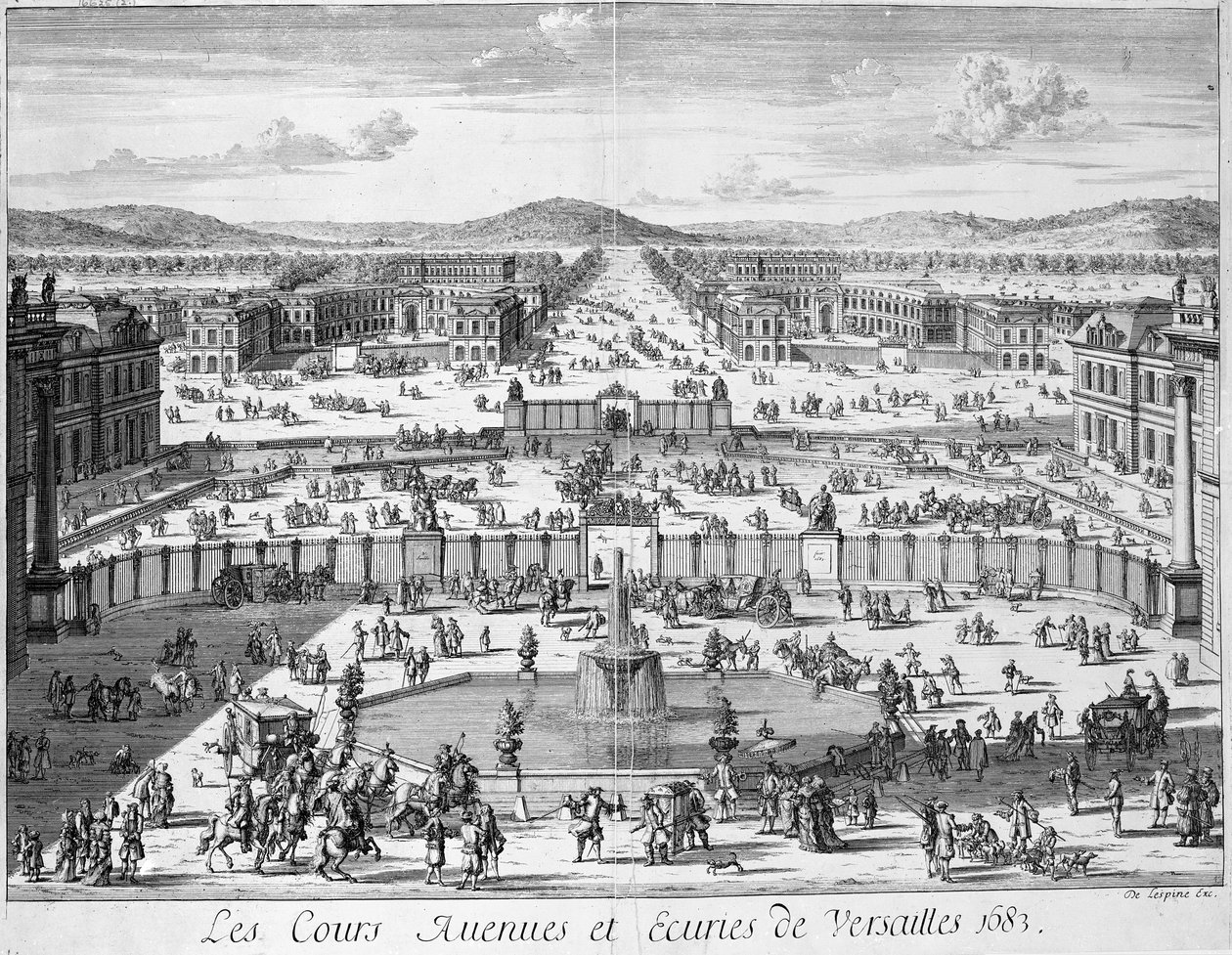 宮殿から見たベルサイユの厩舎と門、1683年 作： フランス語学校