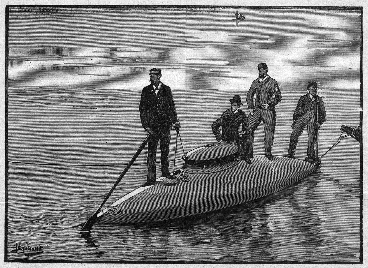 潜水艦は空の "Goubet "に向かって飛行し、4人の男性を乗せて浮かんだ。1895年11月28日の "La gazette du dimanche "に掲載された図版。 作： フランス語学校