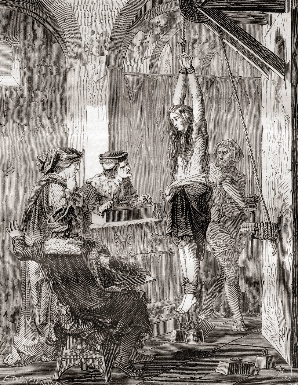 1870年頃に出版された『Les Merveilles de la Science』に掲載されている、中世に魔女とされた女性の拷問の様子（リトグラフ版 作： フランス語学校