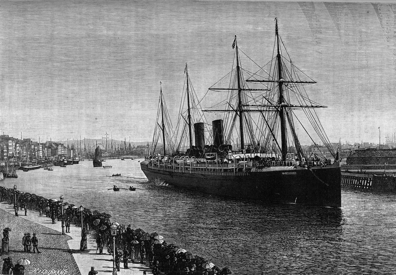 1887年、ル・アーブル港に停泊中の大西洋定期船「ラ・ガスコーニュ」。雑誌 "La jeunesse "に掲載された図版 作： フランス語学校