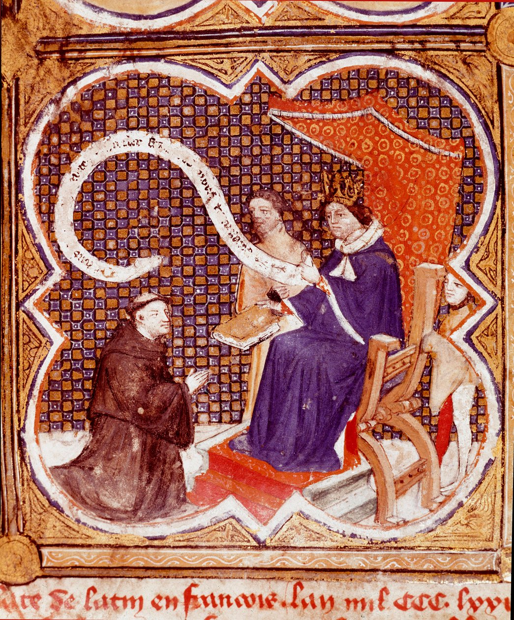 翻訳者がシャルル5世（1338-1380）に自著を献上する。 ミニチュアは、バルテルミー英人の「Le livre des proprietes des choses」（De proprietatibus rerum）からの抜粋で、ジョン・コルビションが翻訳したものである。15世紀ランス、市立図書館 作： フランス語学校