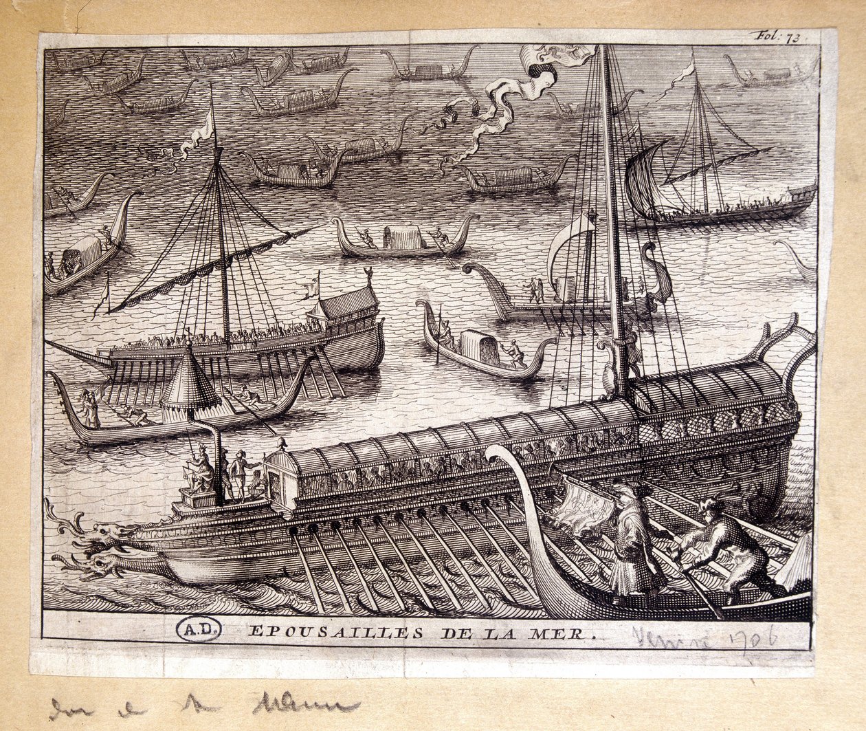 1706年、海を背景にしたヴェネツィア総督の妻たち - エングレーヴィング 作： フランス語学校