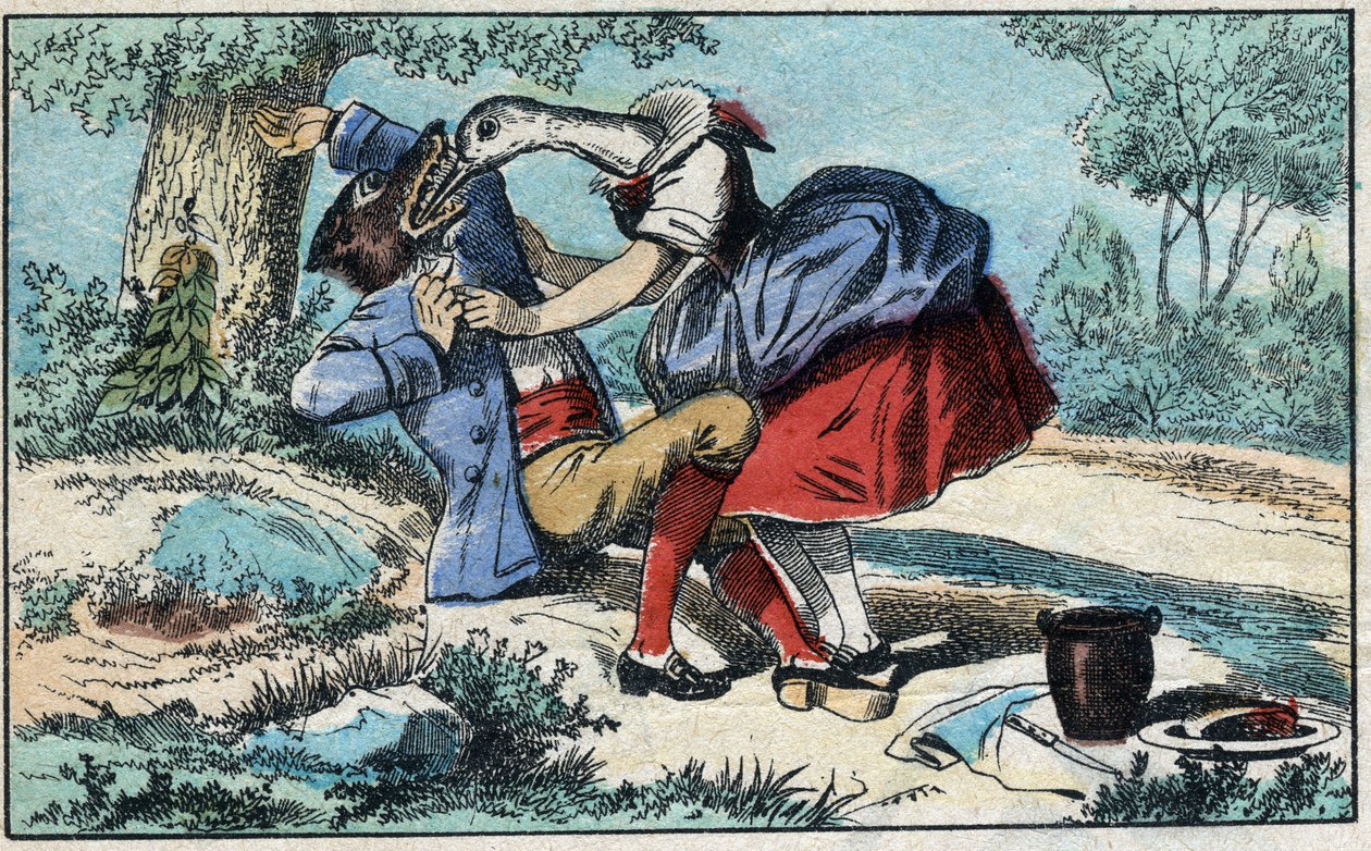 狼とコウノトリジャン・ド・ラ・フォンテーヌ（1621-95）の寓話。19世紀末のエピナル画像。 作： フランス語学校
