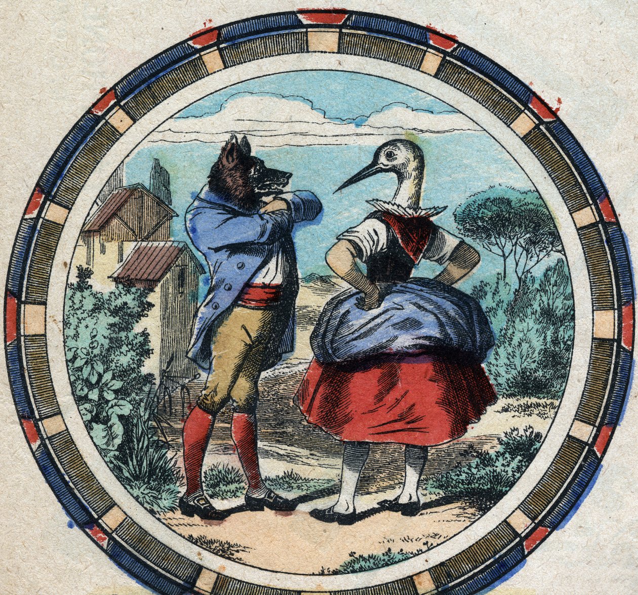 狼とコウノトリジャン・ド・ラ・フォンテーヌ（1621-95）の寓話。19世紀末のエピナル画像。 作： フランス語学校