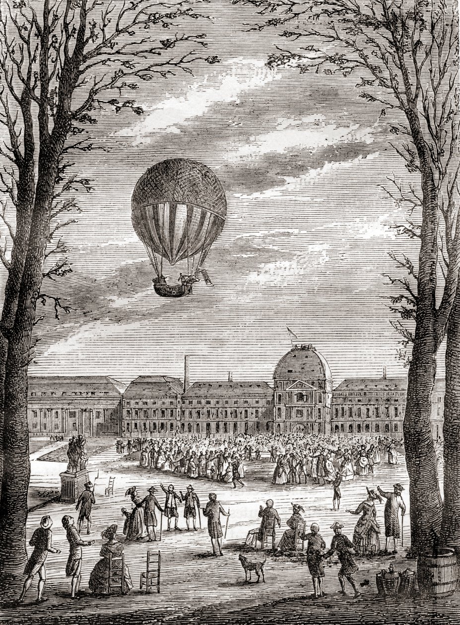 1783年12月1日、フランス、パリのシャン・ド・マルス上空で、ニコラ＝ルイ・ロベールとジャック・シャルル教授が操縦した世界初の有人水素気球飛行。 作： フランス語学校