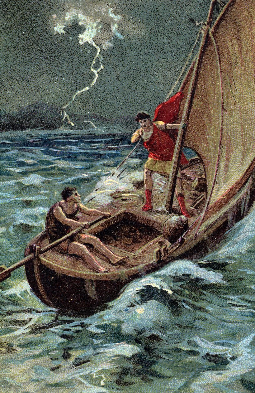 アドリア海を渡ってダルマチアに加わる若いジュール・セザール (紀元前 100 年 - 44 年) は、嵐にもかかわらず勇敢に前進し、彼の良い星と運命に自信を持っています (若いジュリアス・シーザー (紀元前 100 年 - 44 年) は、彼の船で勇敢にアドリア海を渡ります。 気温にもかかわらず 作： フランス語学校