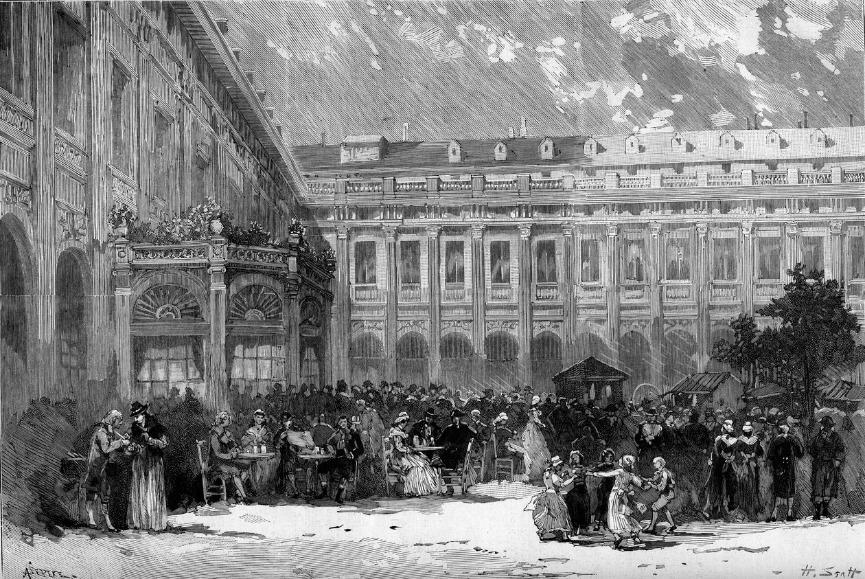演劇的表現。"フランソワ・ポンサール（1814-1867）の「シャルロット・コルデー」。第3幕のシーン：王宮の庭のシャルロット・コルデー。パリ、オデオン座 作： フランス語学校