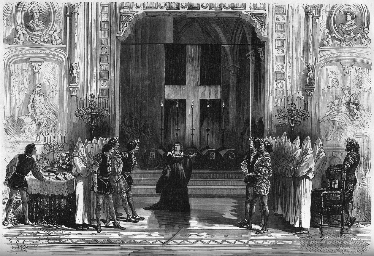 ヴィクトル・ユーゴー（1802-1885）の『ルクレース・ボルジア』の棺の場面。パリ、ポルト・サン・マルタン劇場 作： フランス語学校