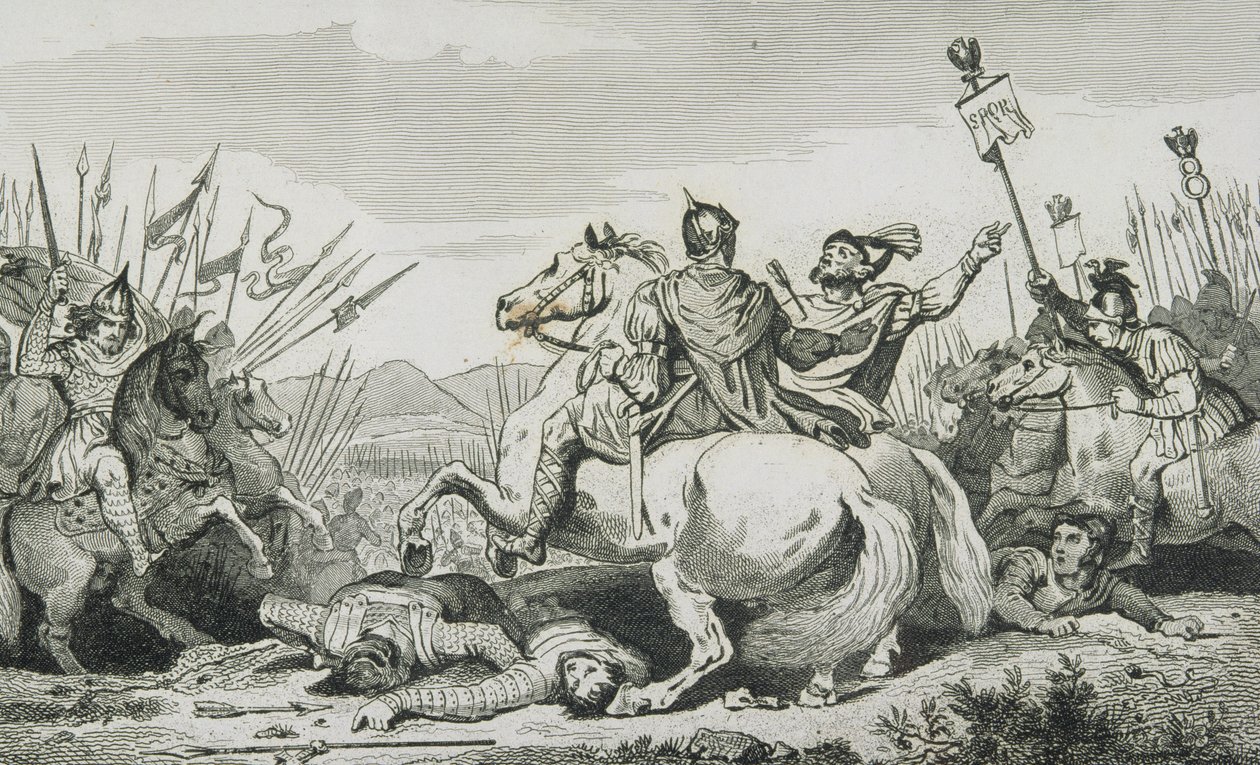 テオドリックは、1840年に出版されたコラートの「歴史史」から、シャロン近くのアティラとの戦いで殺害された 作： フランス語学校