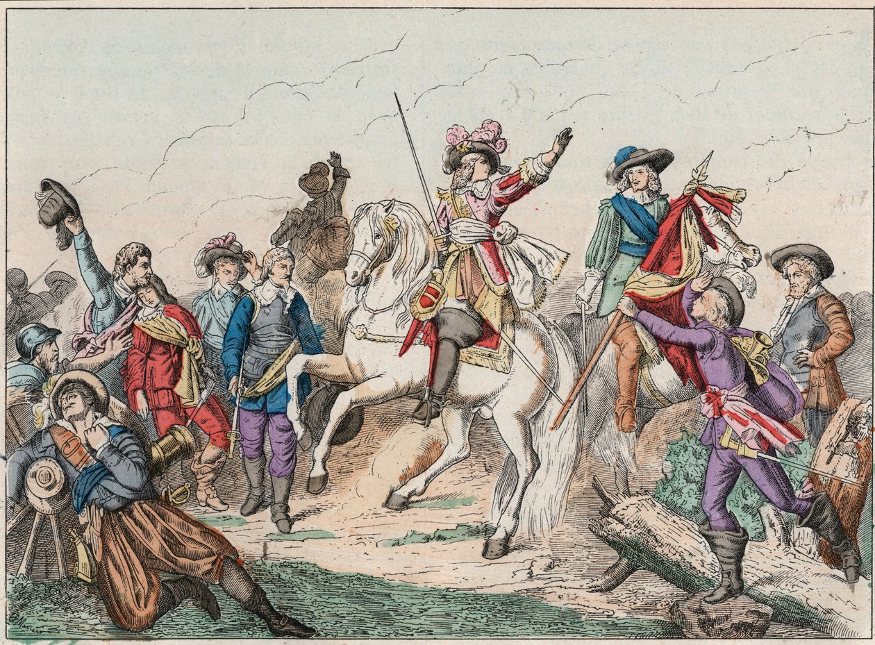 三十年戦争（1618-1648年）。スペイン軍とのロクロイ（Rocroy）の戦いで、フォンテーヌ伯爵の亡骸に挨拶するグラン・コンド（1621-1686）として知られるブルボン・コンド（Bourbon-Conde）公爵ルイ2世（5月19日 作： フランス語学校