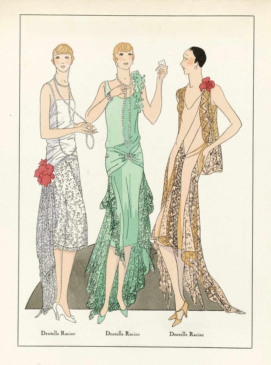 レースドレスのための3つのデザイン1923年頃発行（ポショワール版画） 作： フランス語学校