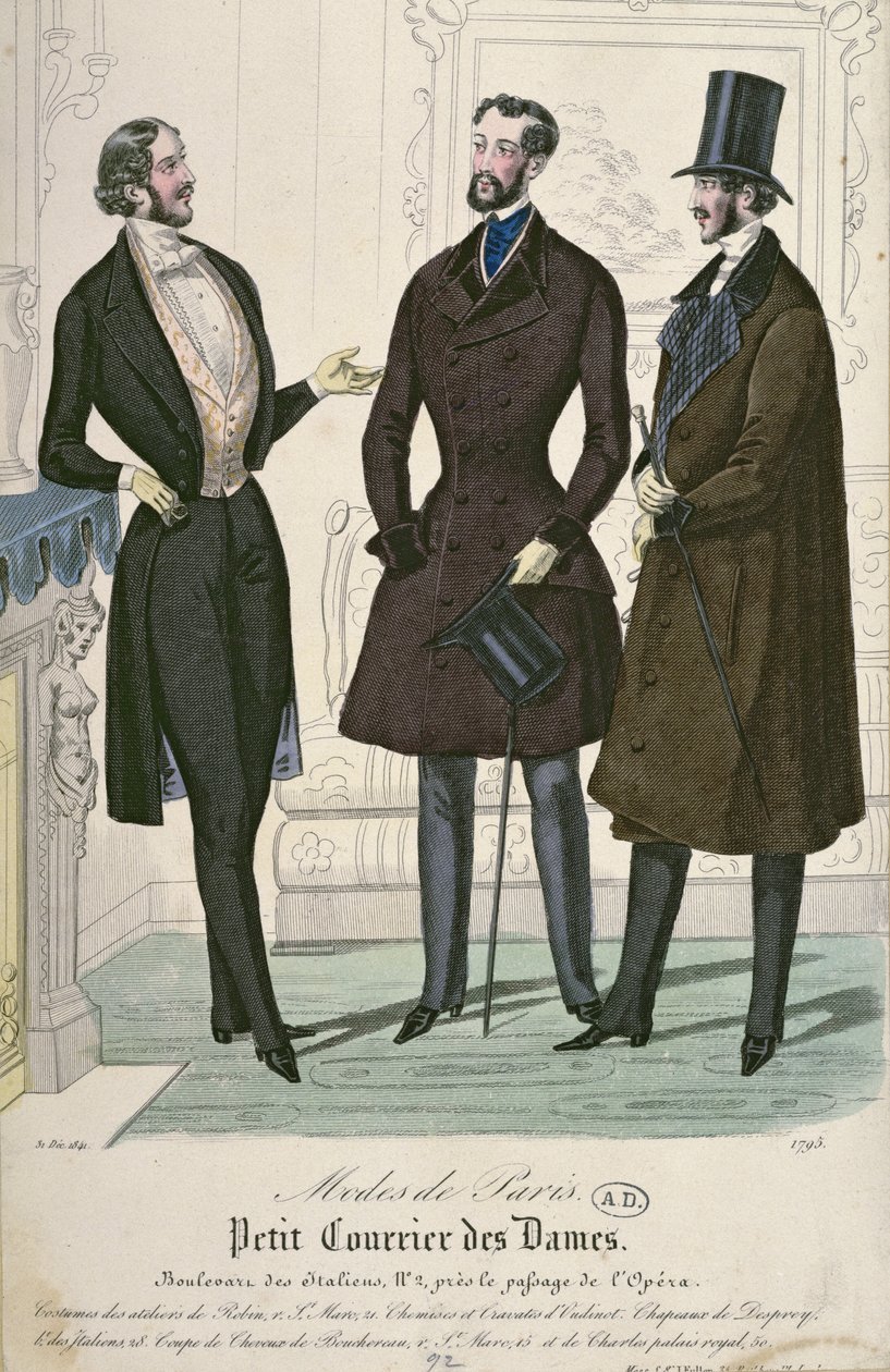 3人のエレガントな若い男性、1841年（カラー彫刻） 作： フランス語学校