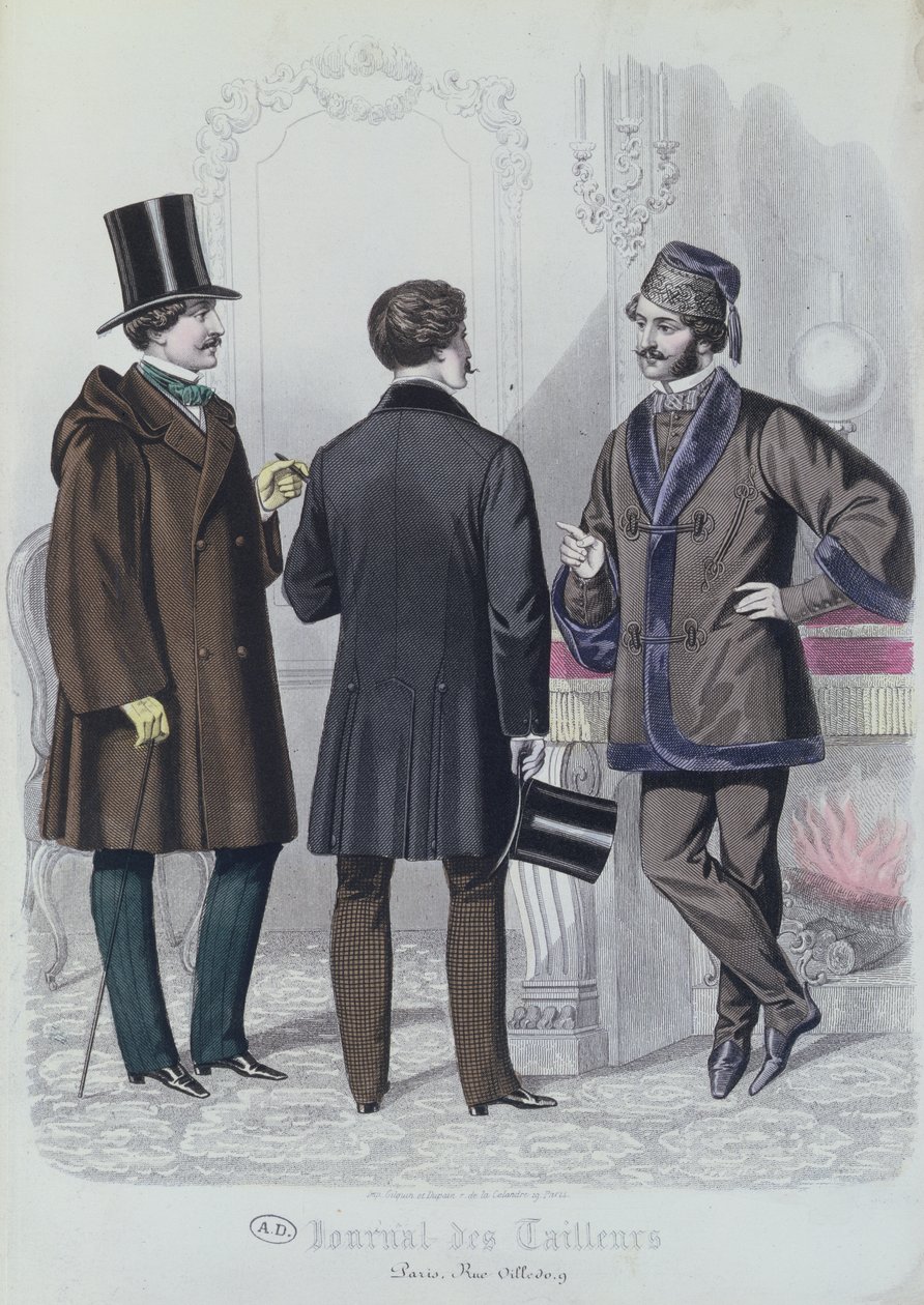 1856年12月、3人のエレガントな若い男性（カラー彫刻） 作： フランス語学校