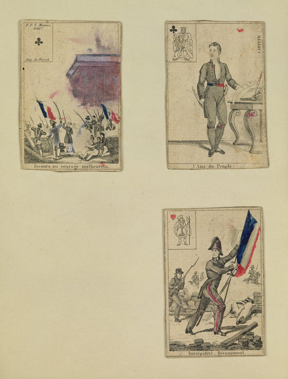 1830年、1831年7月の英雄を記念するトランプ3枚 作： フランス語学校