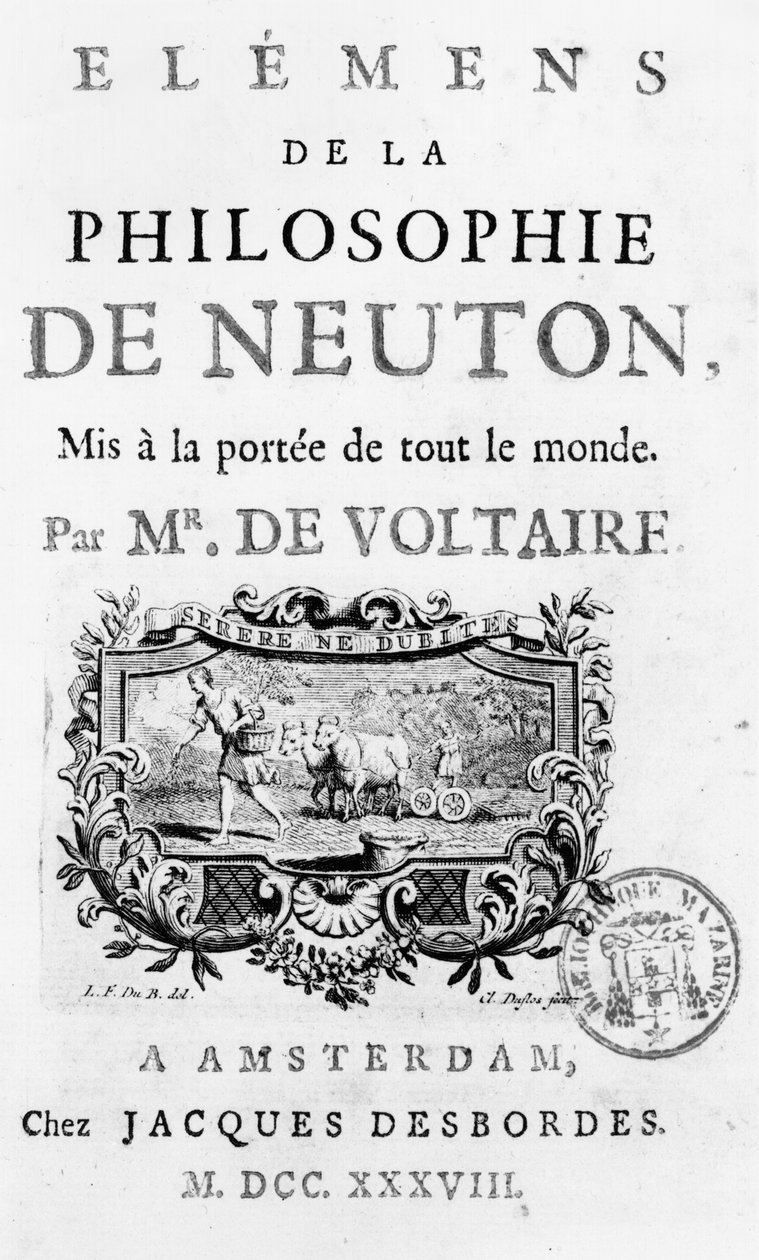 フランソワマリーアルエットヴォルテール（1694-1778）アムステルダムによるニュートンの哲学の要素のタイトルページ、1738年公開 作： フランス語学校