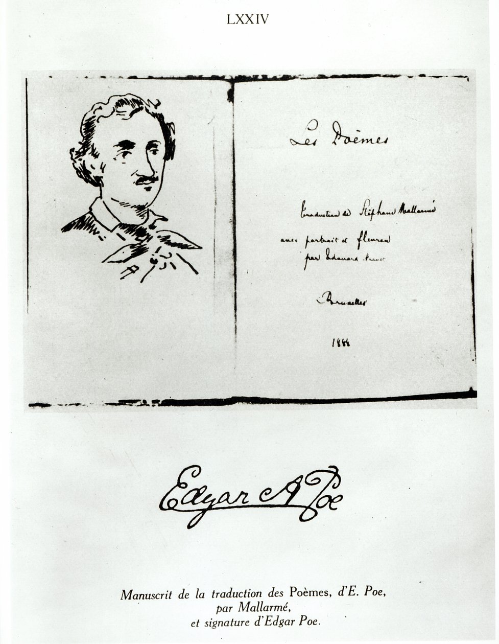 エドガー・アラン・ポー（1809-49）によるレ・ポエムのタイトルページ。ステファン・マラルム（1842-98）によって翻訳され、作者の肖像1888 作： フランス語学校