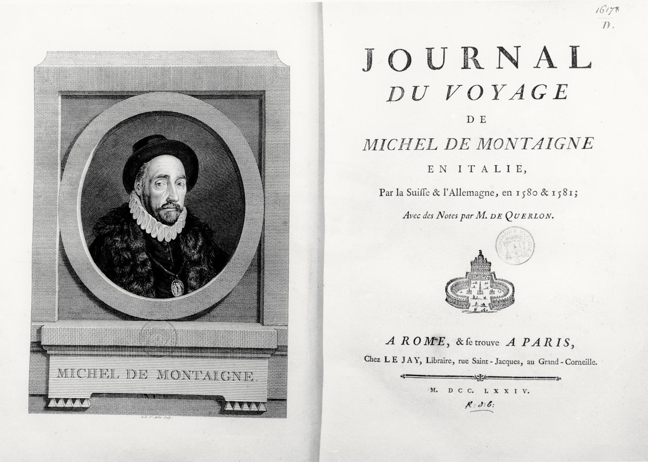 タイトルページと、A. de Saint Aubinによる著者の肖像が描かれたフロントピース（「Journal de Voyage en Italie 1580 et 1581 de Michel de Montaigne」より）。 作： フランス語学校