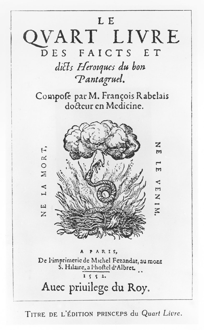フランソワ・ラブレーの「Le Quart Livre des Faicts et Dicts Heroique du Bon Pantagruel」のタイトルページ。 作： フランス語学校