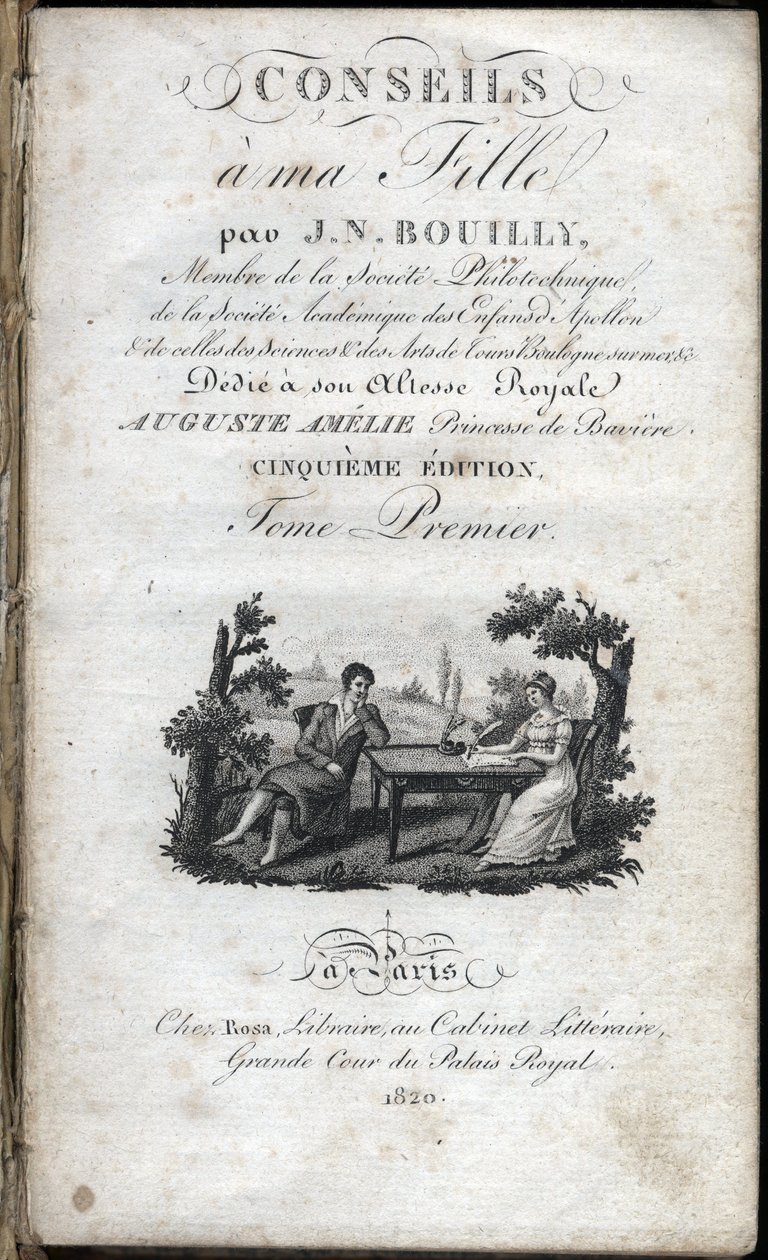 ジャン・ニコラ・ブイリー（1763-1842）の「娘への助言」のタイトルページ。1820.個人蔵。 作： フランス語学校