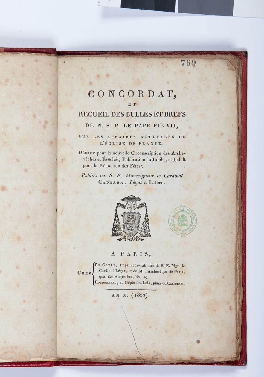 コンコルダのタイトルページとNSP le Pape Pie VIIからのバブルとブリーフのコレクション、Giovanni Battista Caprara、パリ、Chez Le Clers、1802年発行（印刷用紙） 作： フランス語学校