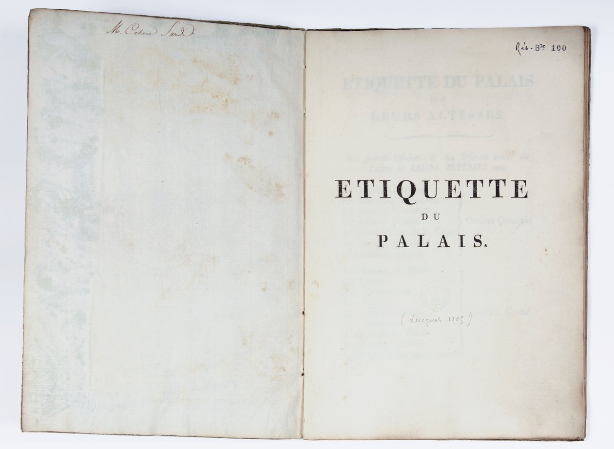 ルッカ、1805年のエチケットデュパレのタイトルページ（印刷された紙） 作： フランス語学校