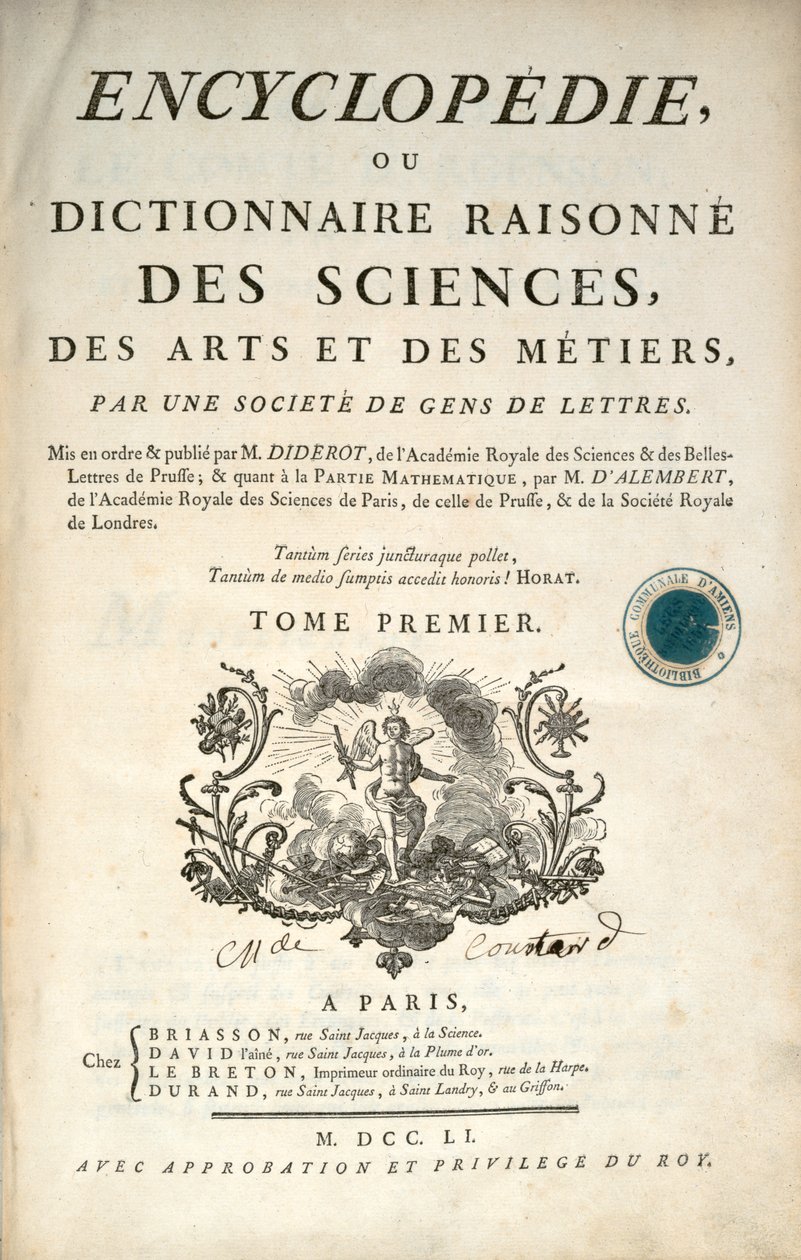 デニスディドロとジャンルロンダレンベールによる百科事典の第1巻のタイトルページ、1751年 作： フランス語学校