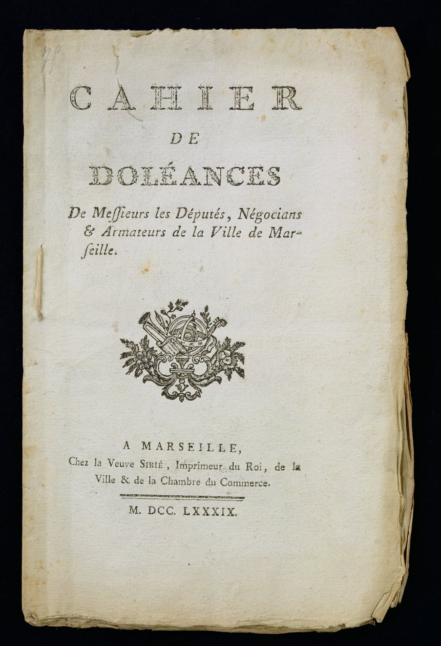 マルセイユの代理人、商人、船主の苦情書、1789年のタイトルページ 作： フランス語学校