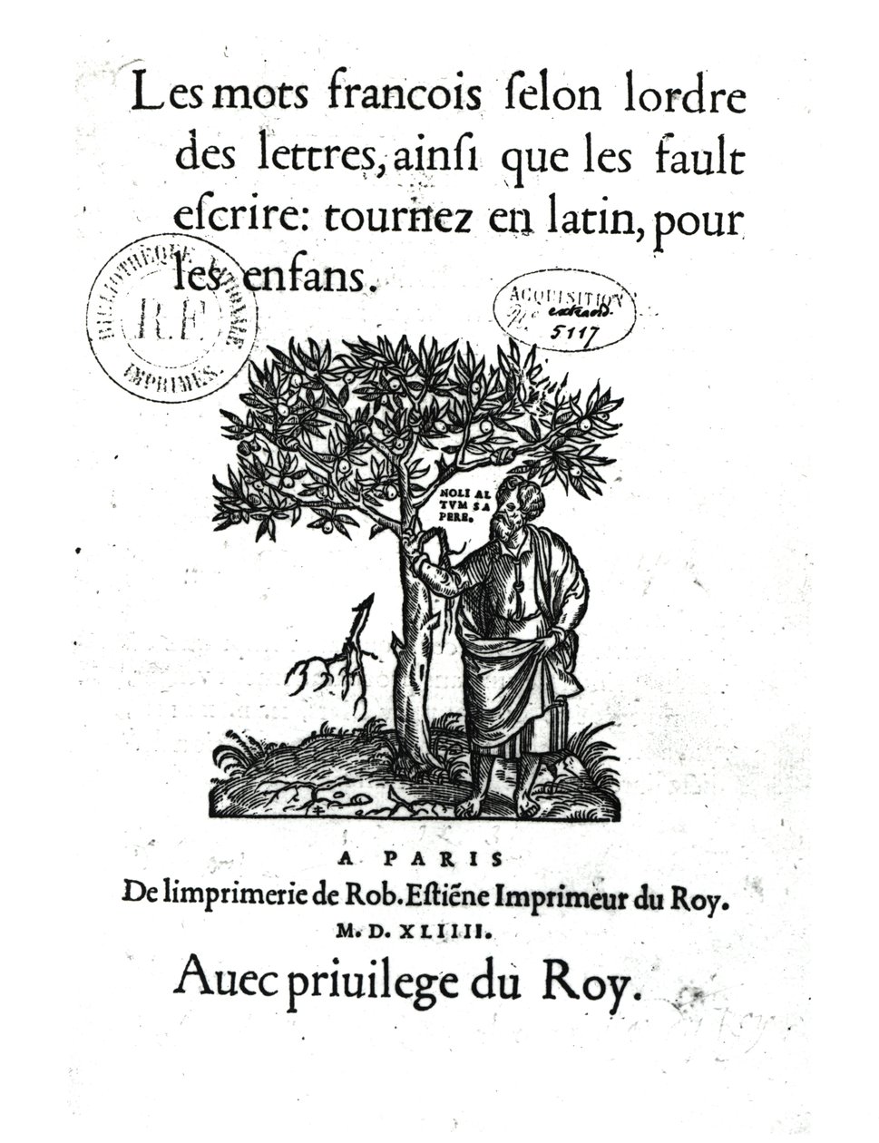 最初のフランス語-ラテン語辞書のタイトルページ、1544 作： フランス語学校