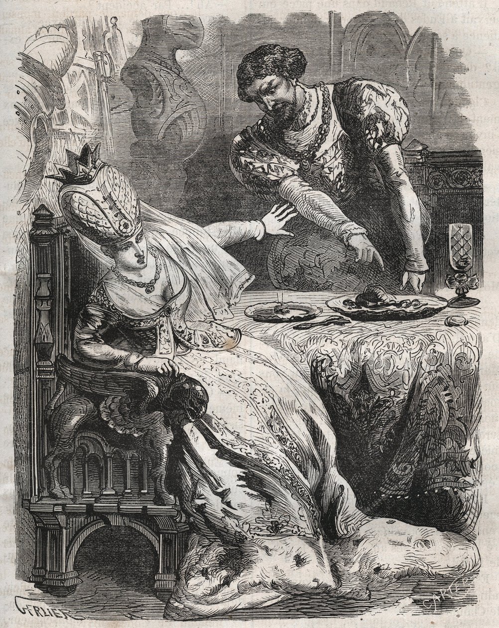 妻ガブリエル・ドゥ・ヴェルギの不貞の復讐のために、ウード・ドゥ・ファイエルは恋人ラウル・ドゥ・クーシーの心臓を本人の知らないうちに食べさせる。12世紀の伝説によると、ラウル1世（1142年～1191年）は、ラウル1世の心臓を食べさせてほしいと頼んだという場面です。 作： フランス語学校