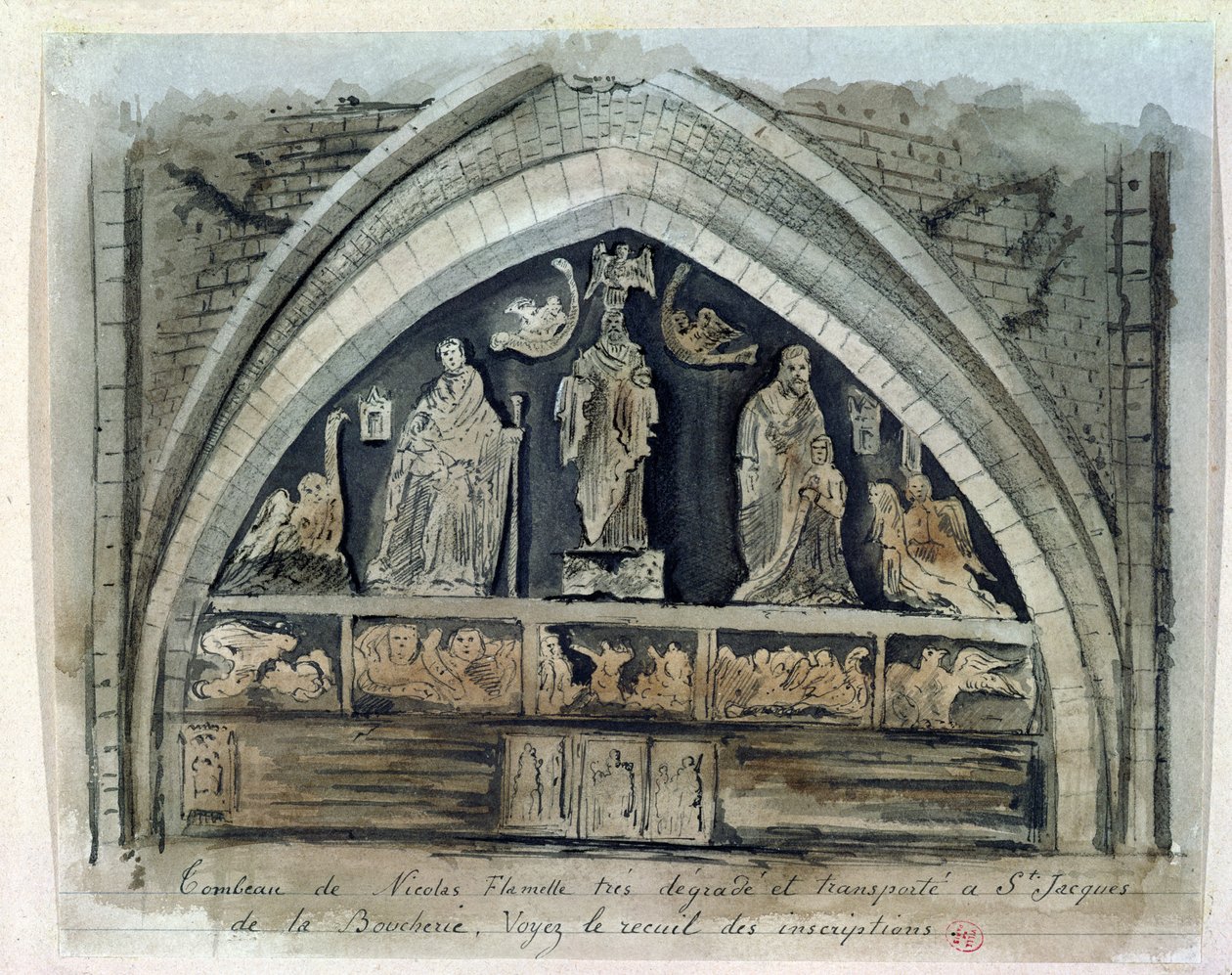 ニコラフラメルの墓（c.1330-1418）、シミティエールデイノセント（紙にトイレ） 作： フランス語学校