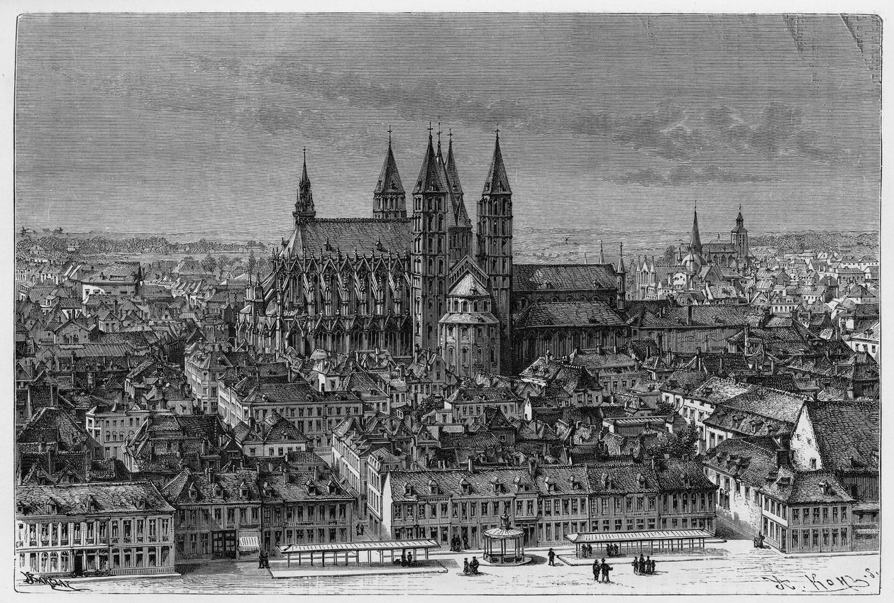 トゥルネー：ノートルダム寺院（Notre-Dame）の外観と街のパノラマ写真。カミーユ・ルモニエ（1844-1913）ベルギー人作家の物語「ベルギー」を説明するためのバークレイによる版画。Le Tour du monde, nouveau journal des voyages, second semeste』に掲載。 作： フランス語学校